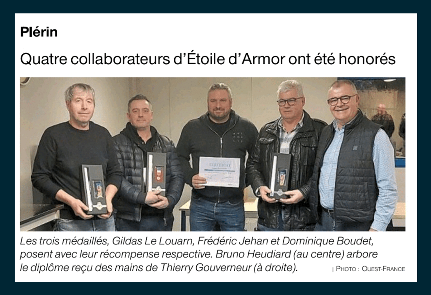 Remise des médailles d’honneur du travail et diplôme aux collaborateurs Etoile d’Armor